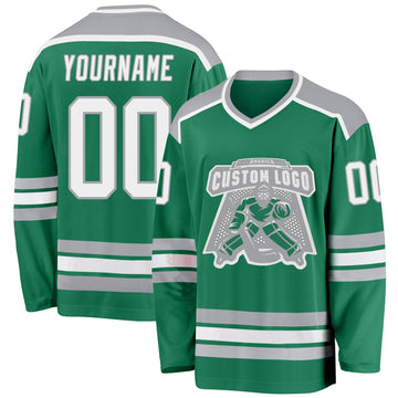 Custom Kelly Green White-Gray Hockey Jersey