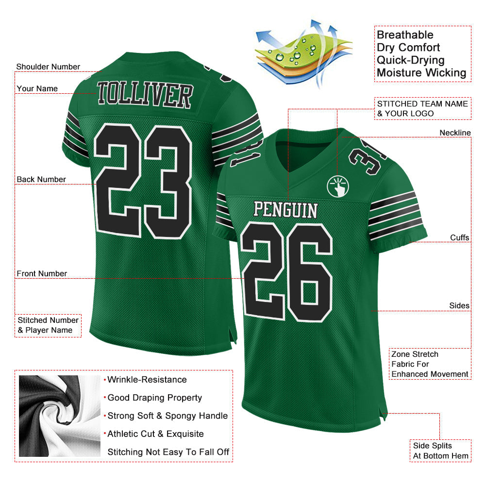 Custom Kelly Green Black-White Mesh Authentic Football Jersey