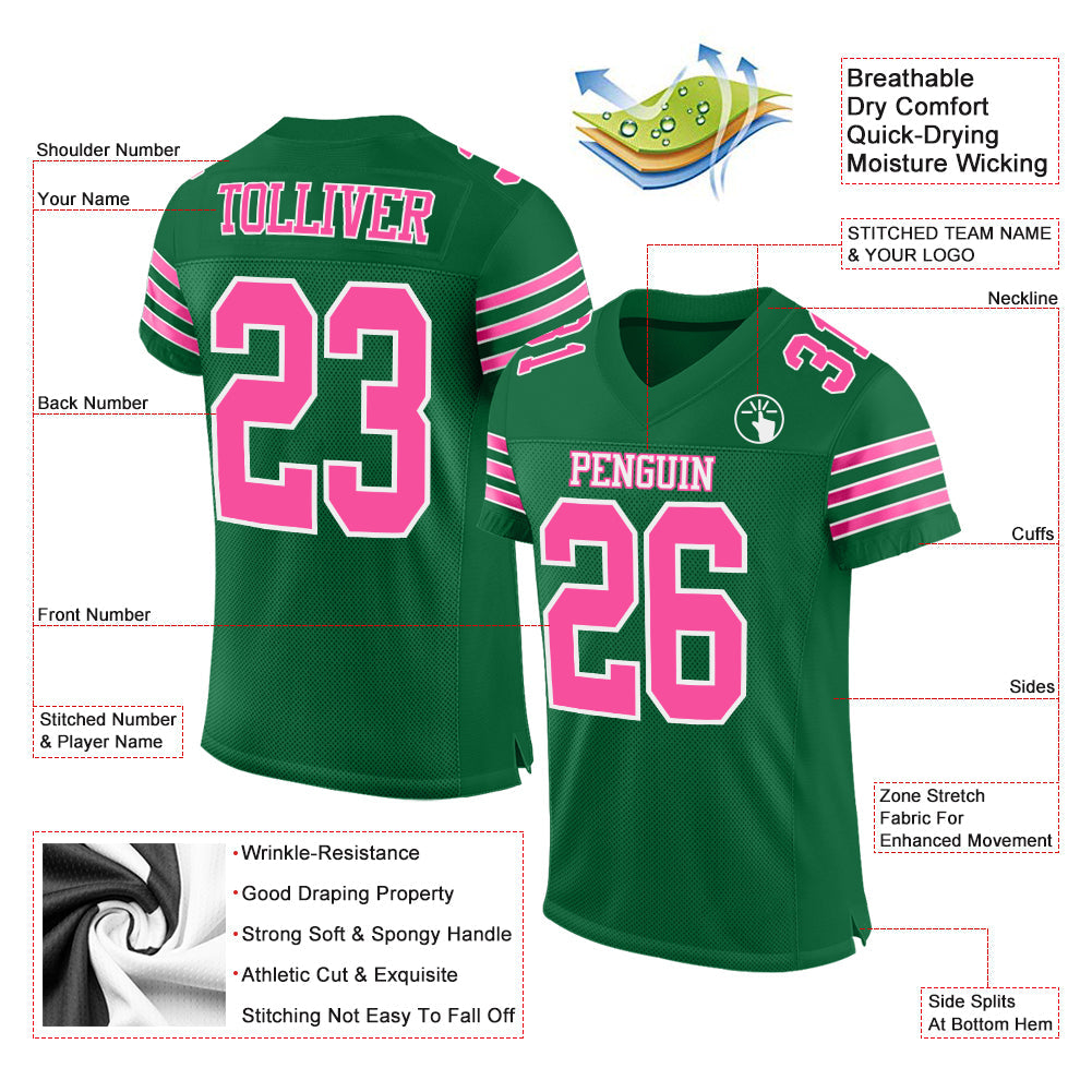 Custom Kelly Green Pink-White Mesh Authentic Football Jersey