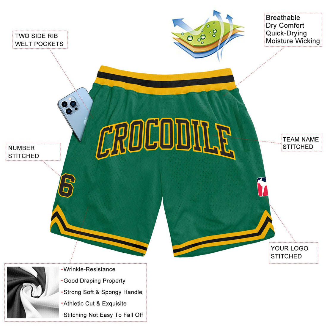 Custom Kelly Green Black-Gold Authentic Throwback Basketball Shorts