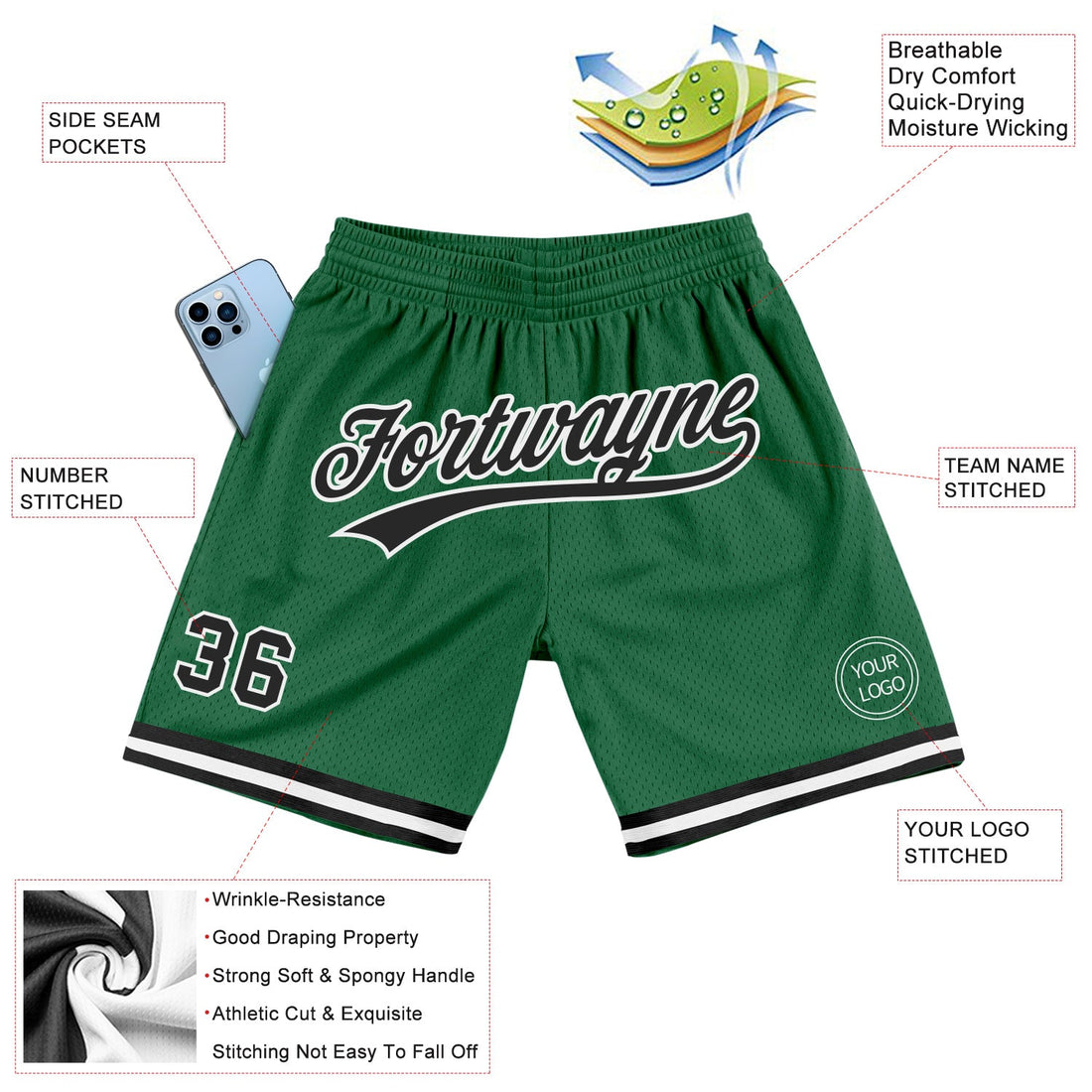 Custom Kelly Green Black-White Authentic Throwback Basketball Shorts