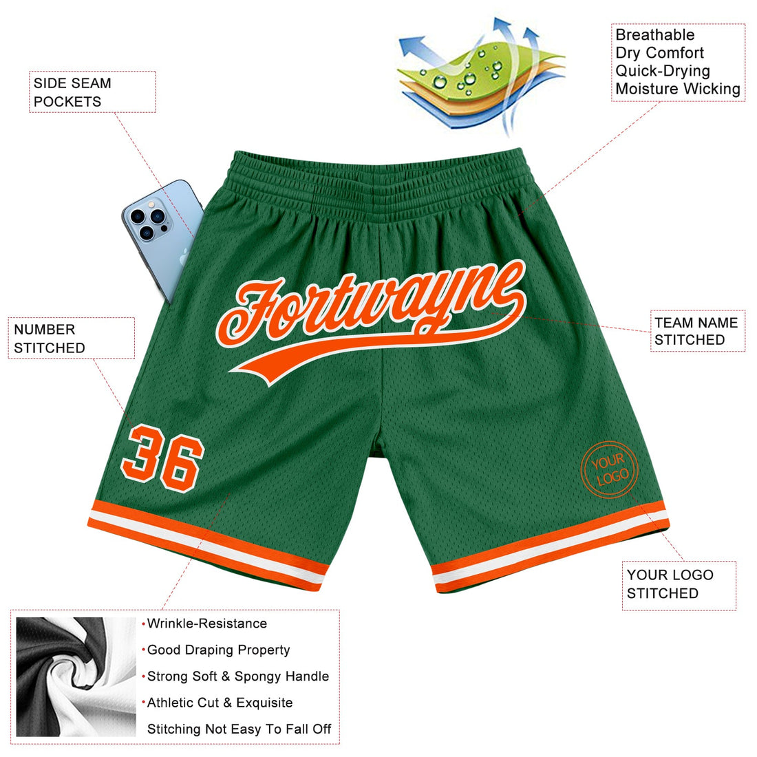 Custom Kelly Green Orange-White Authentic Throwback Basketball Shorts