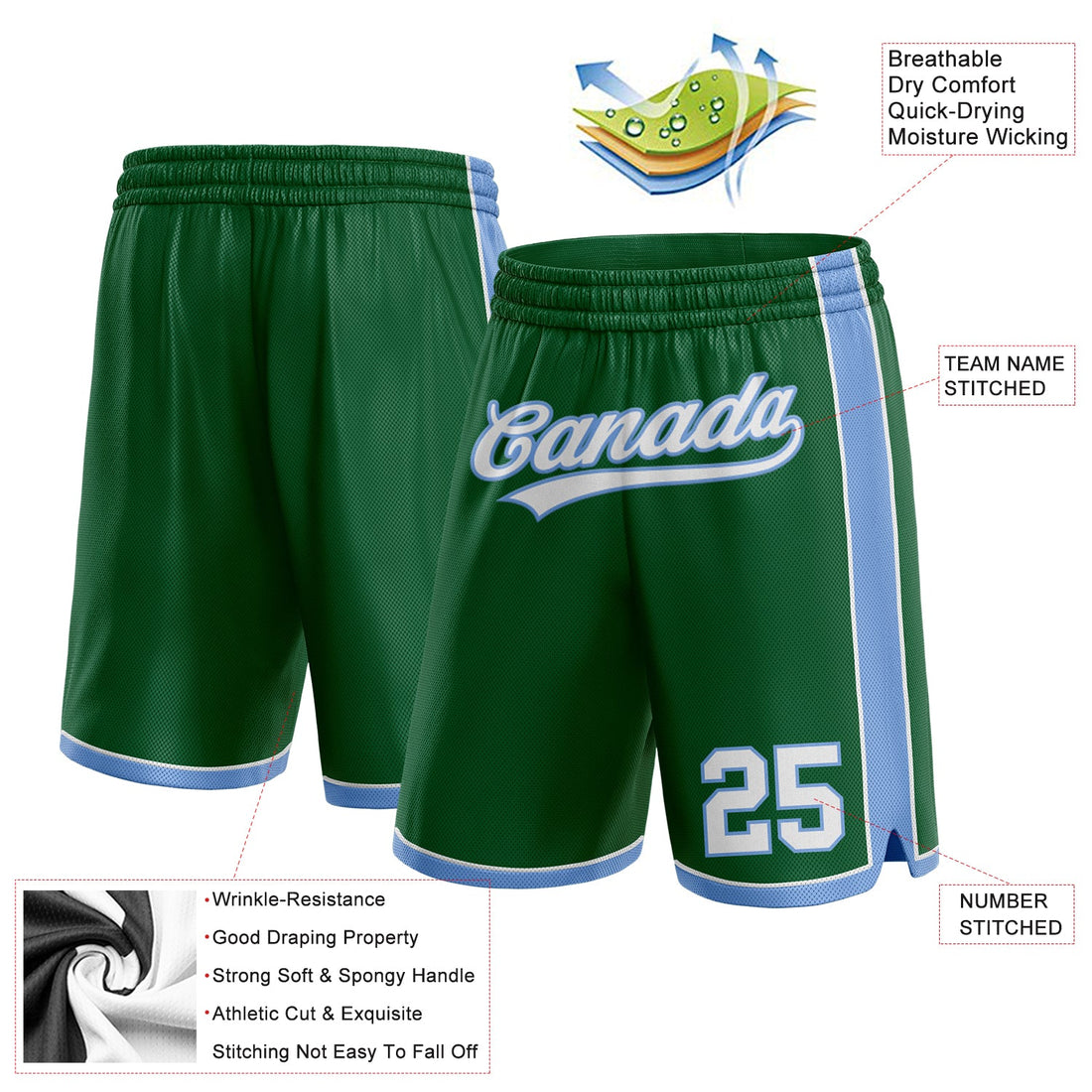 Custom Kelly Green White-Light Blue Authentic Basketball Shorts