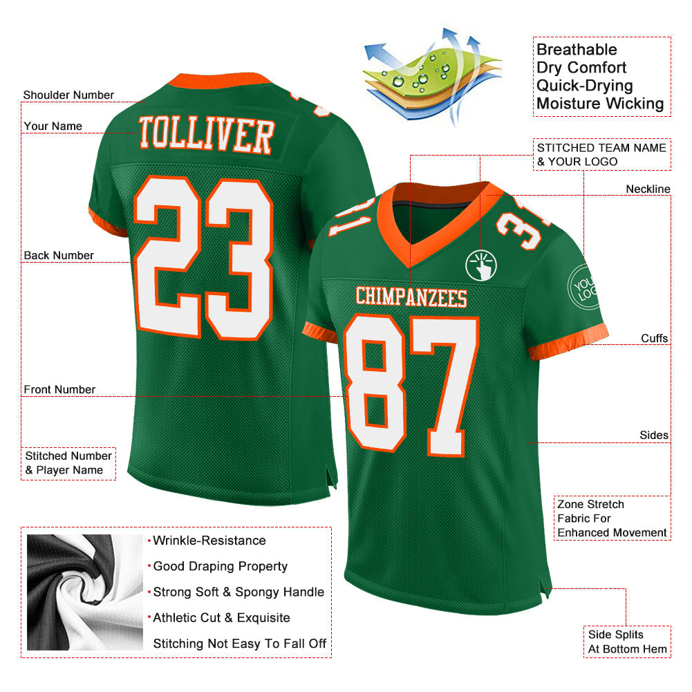 Custom Kelly Green White-Orange Mesh Authentic Football Jersey