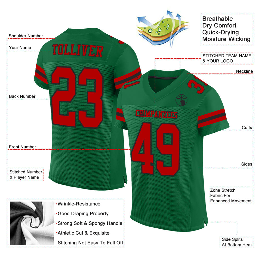 Custom Kelly Green Red-Black Mesh Authentic Football Jersey