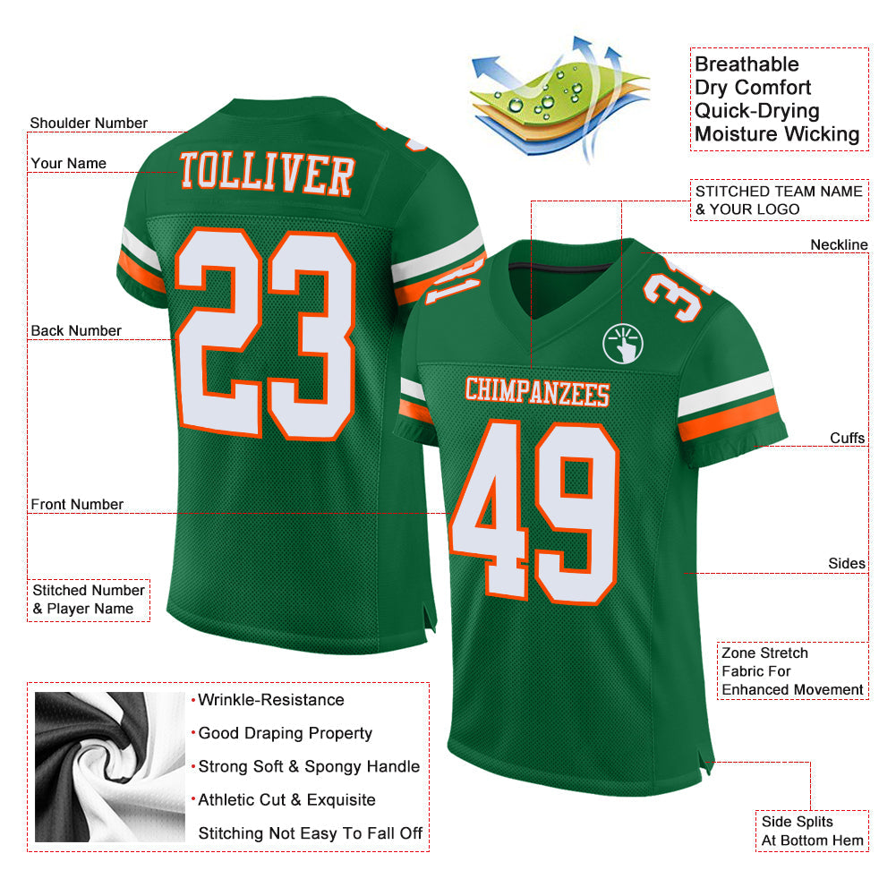 Custom Kelly Green White-Orange Mesh Authentic Football Jersey