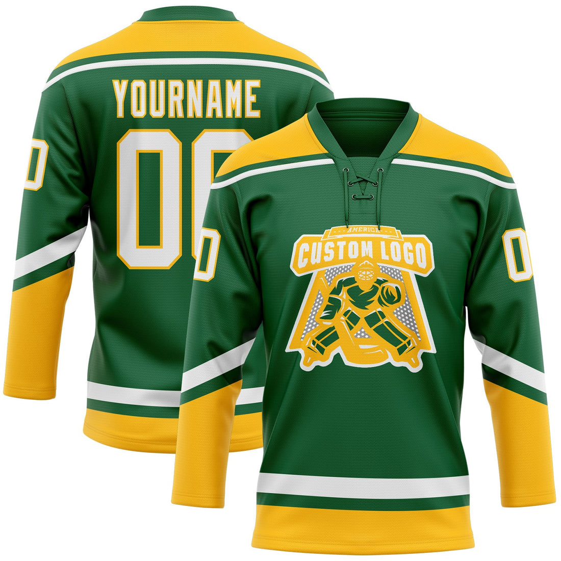 Custom Kelly Green White-Gold Hockey Lace Neck Jersey