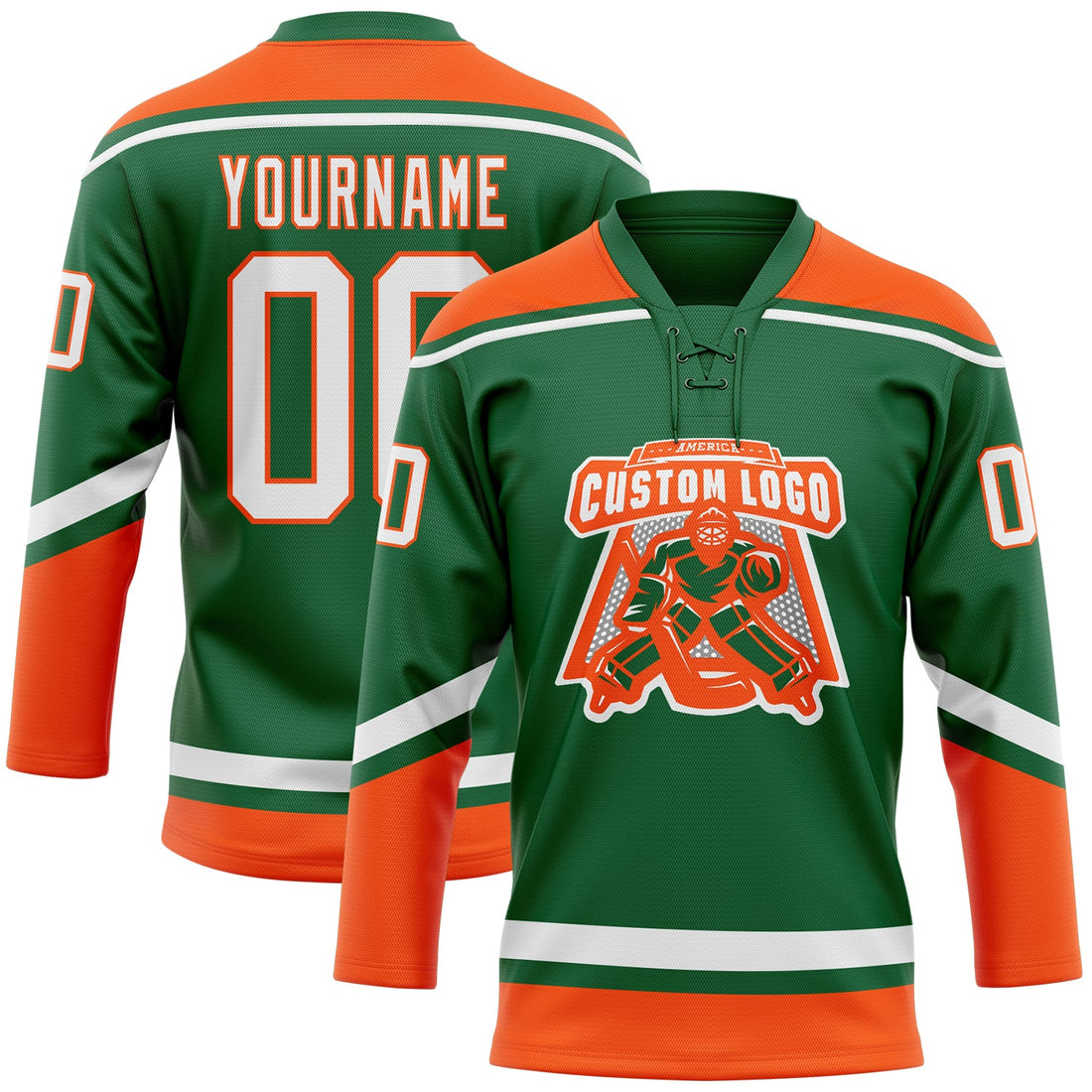 Custom Kelly Green White-Orange Hockey Lace Neck Jersey