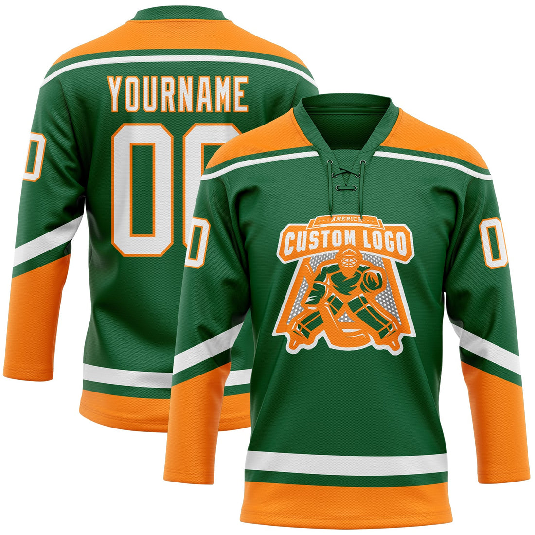 Custom Kelly Green White-Bay Orange Hockey Lace Neck Jersey