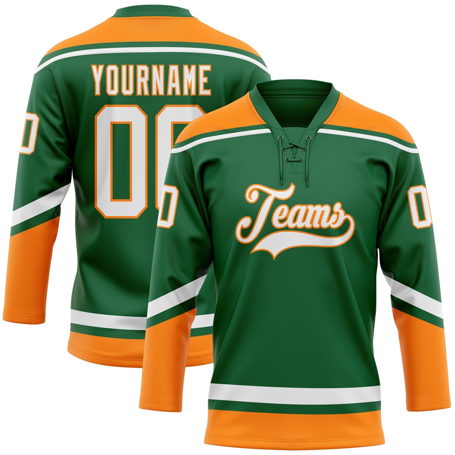 Custom Kelly Green White-Bay Orange Hockey Lace Neck Jersey