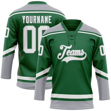 Custom Kelly Green White-Gray Hockey Lace Neck Jersey