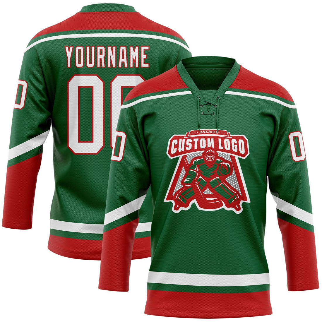 Custom Kelly Green White-Red Hockey Lace Neck Jersey