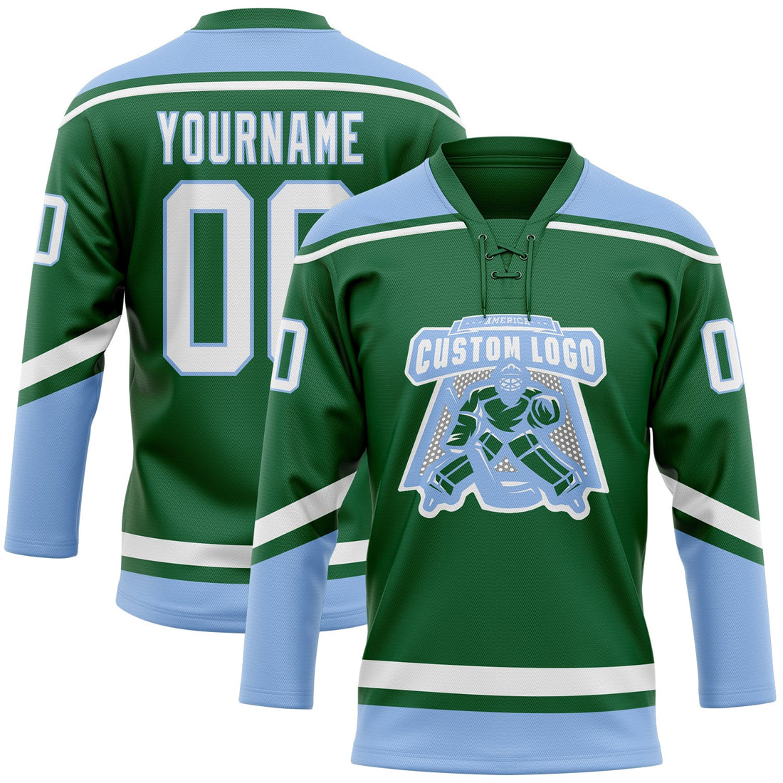 Custom Kelly Green White-Light Blue Hockey Lace Neck Jersey