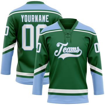 Custom Kelly Green White-Light Blue Hockey Lace Neck Jersey