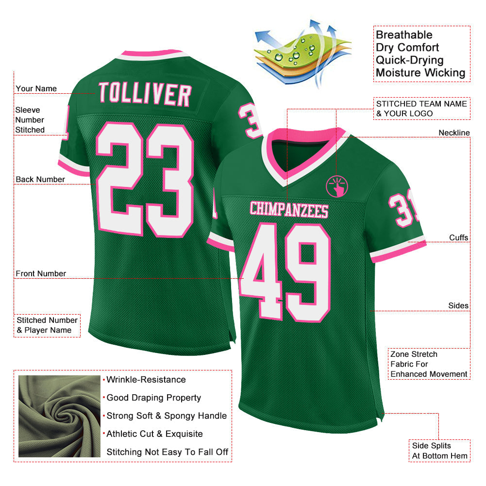 Custom Kelly Green White-Pink Mesh Authentic Throwback Football Jersey