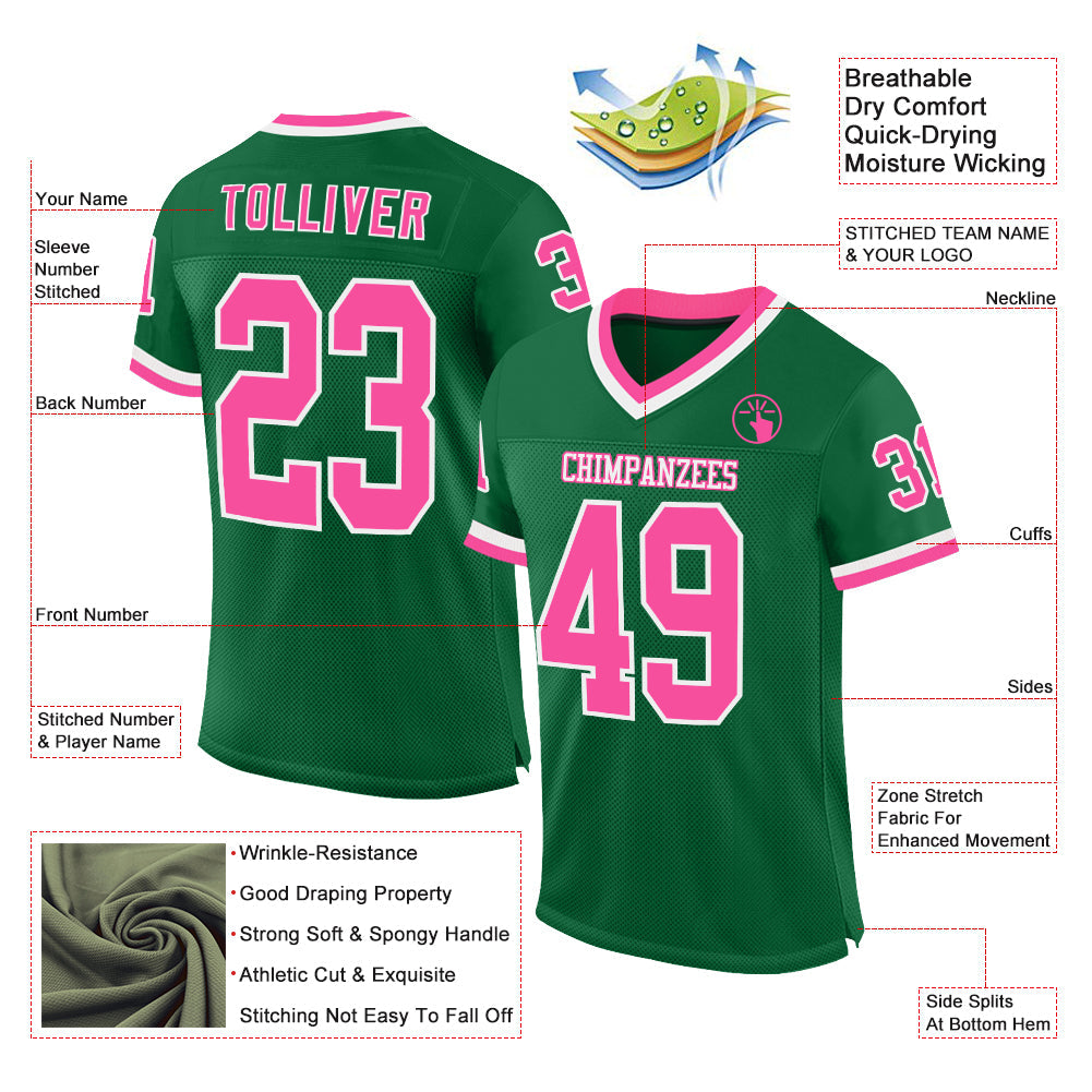 Custom Kelly Green Pink-White Mesh Authentic Throwback Football Jersey