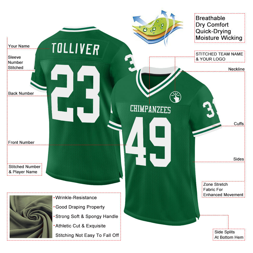 Custom Kelly Green White Mesh Authentic Throwback Football Jersey