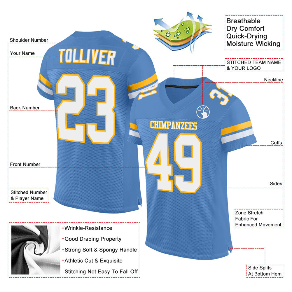 Custom Powder Blue White-Gold Mesh Authentic Football Jersey