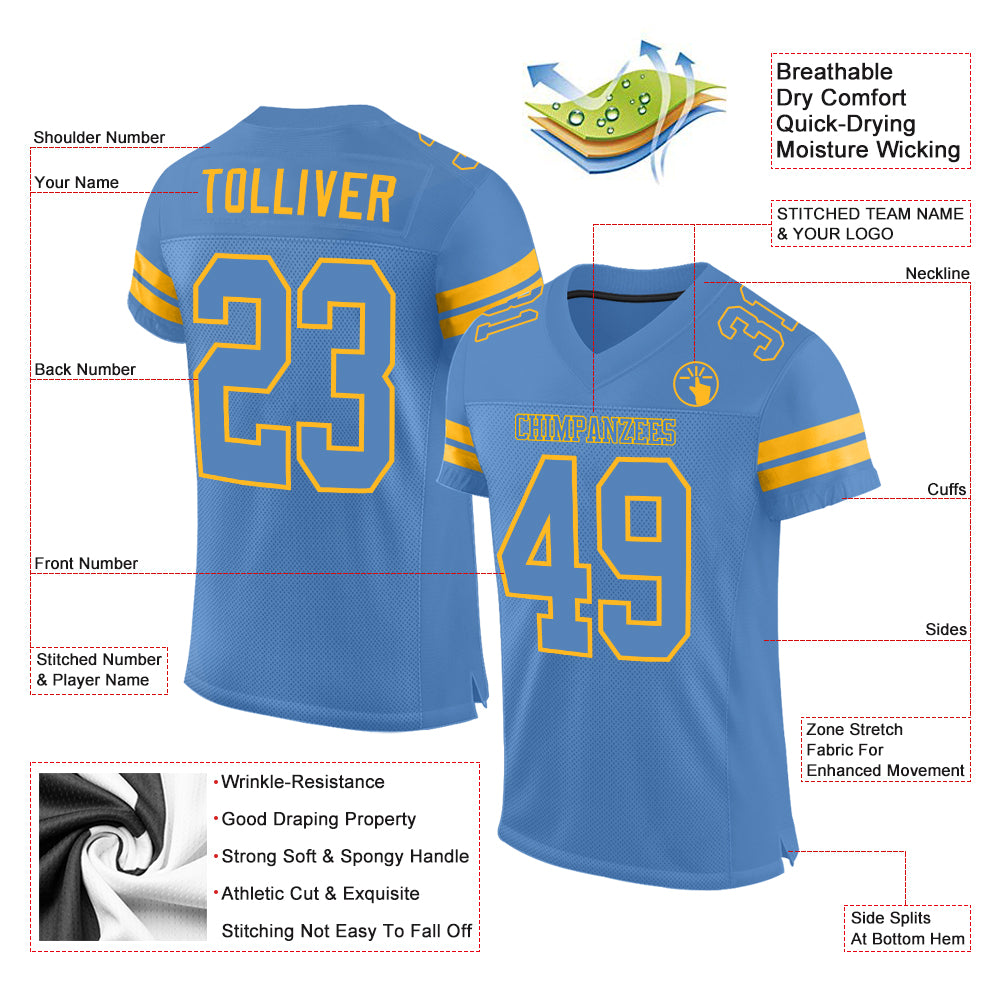 Custom Powder Blue Powder Blue-Gold Mesh Authentic Football Jersey