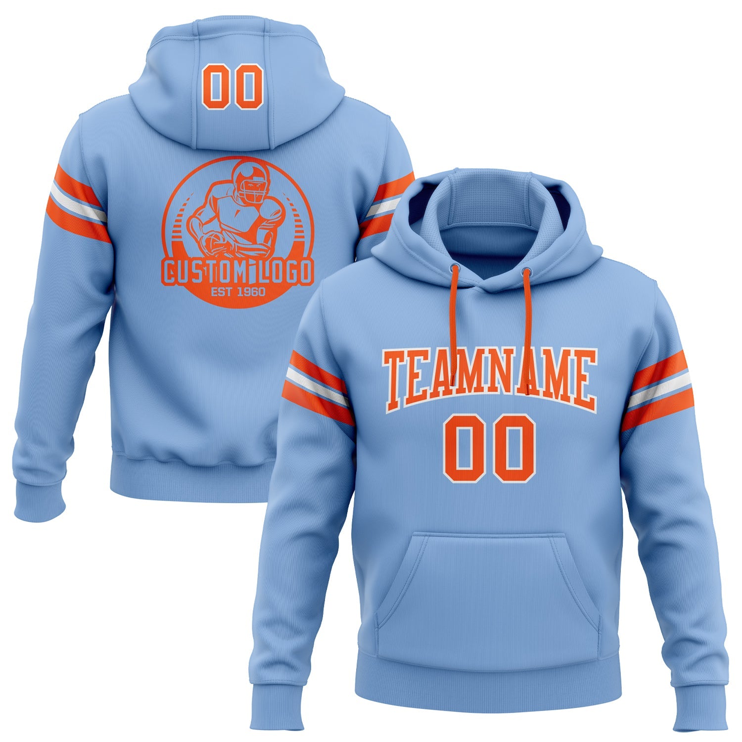 Custom Stitched Light Blue Orange-White Football Pullover Sweatshirt Hoodie