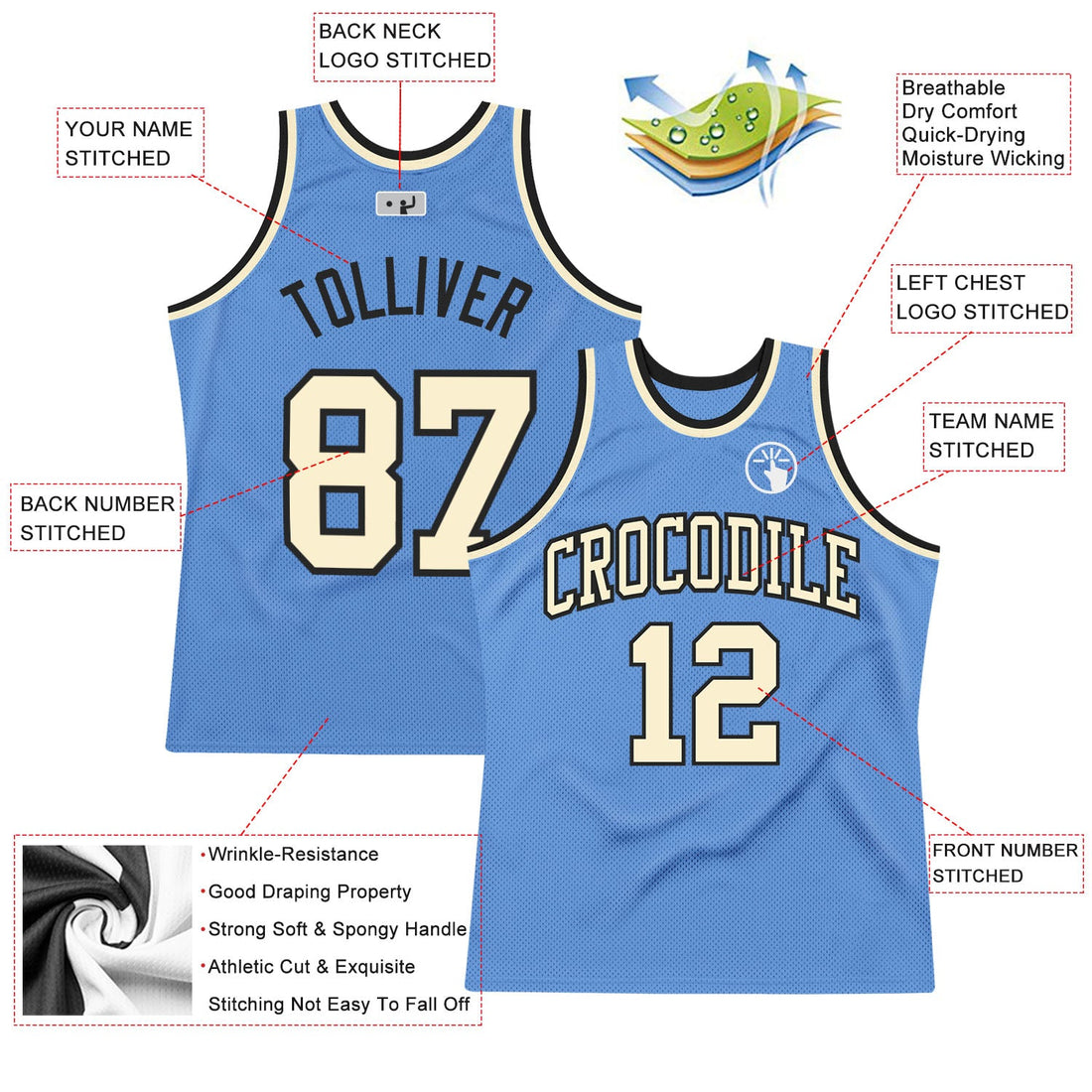 Custom Light Blue Cream-Black Authentic Throwback Basketball Jersey