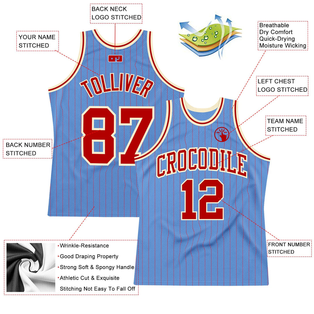 Custom Light Blue Red Pinstripe Red-Cream Authentic Basketball Jersey