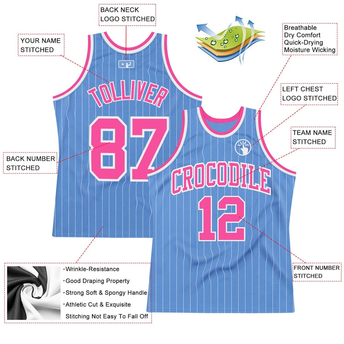 Custom Light Blue White Pinstripe Pink Authentic Basketball Jersey