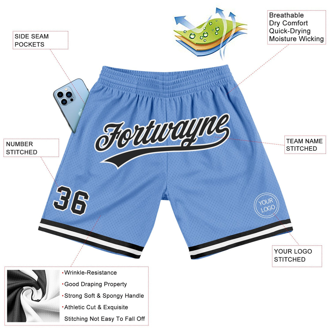 Custom Light Blue Black-White Authentic Throwback Basketball Shorts