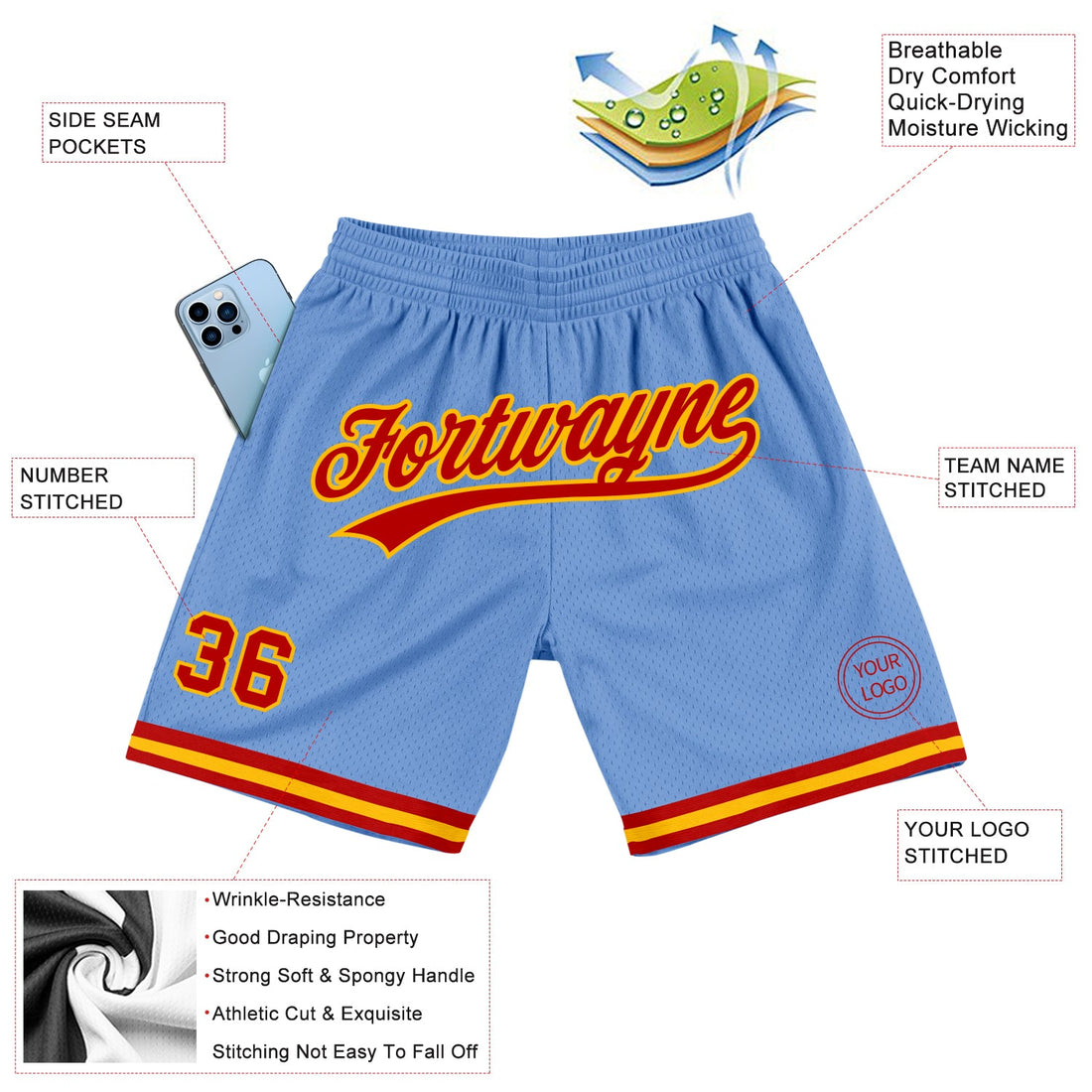 Custom Light Blue Red-Gold Authentic Throwback Basketball Shorts