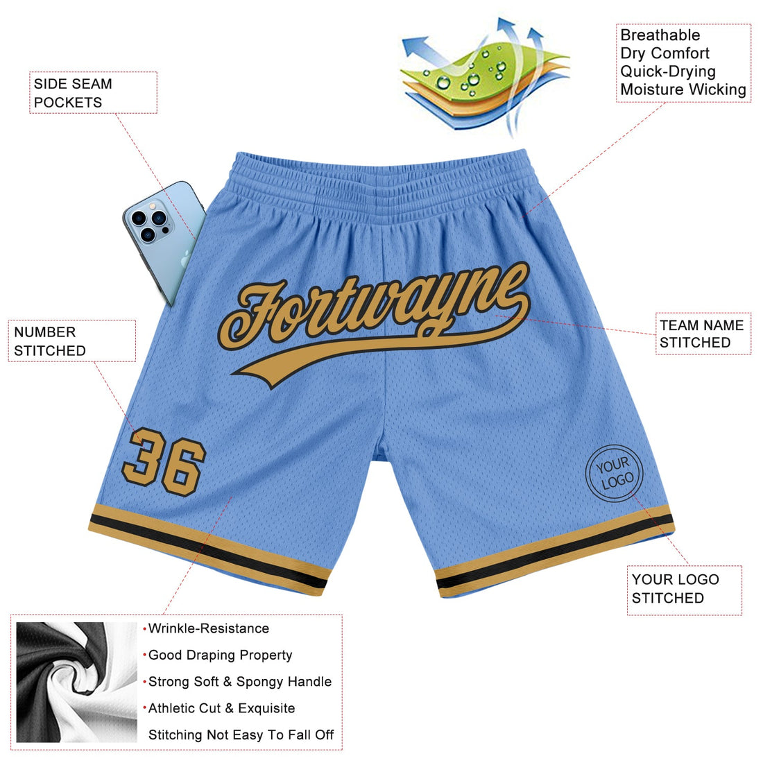 Custom Light Blue Old Gold-Black Authentic Throwback Basketball Shorts