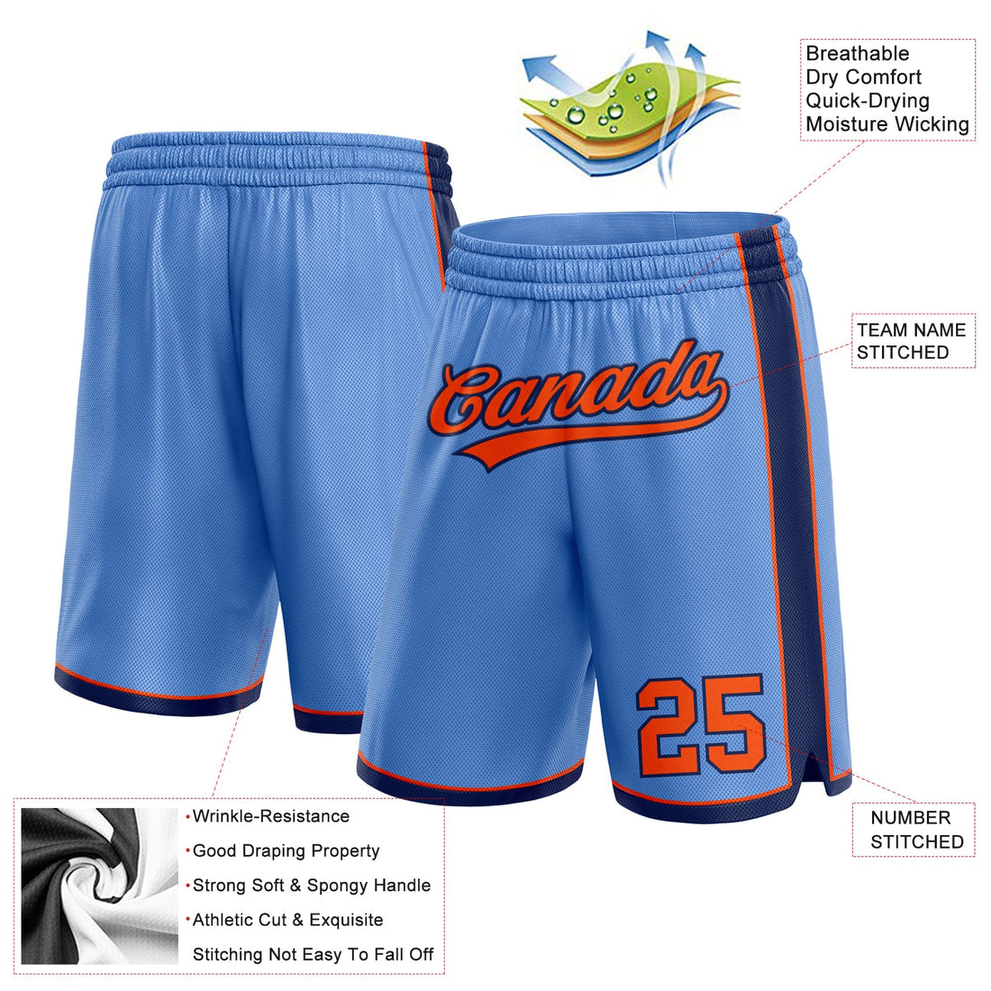 Custom Light Blue Orange-Navy Authentic Basketball Shorts