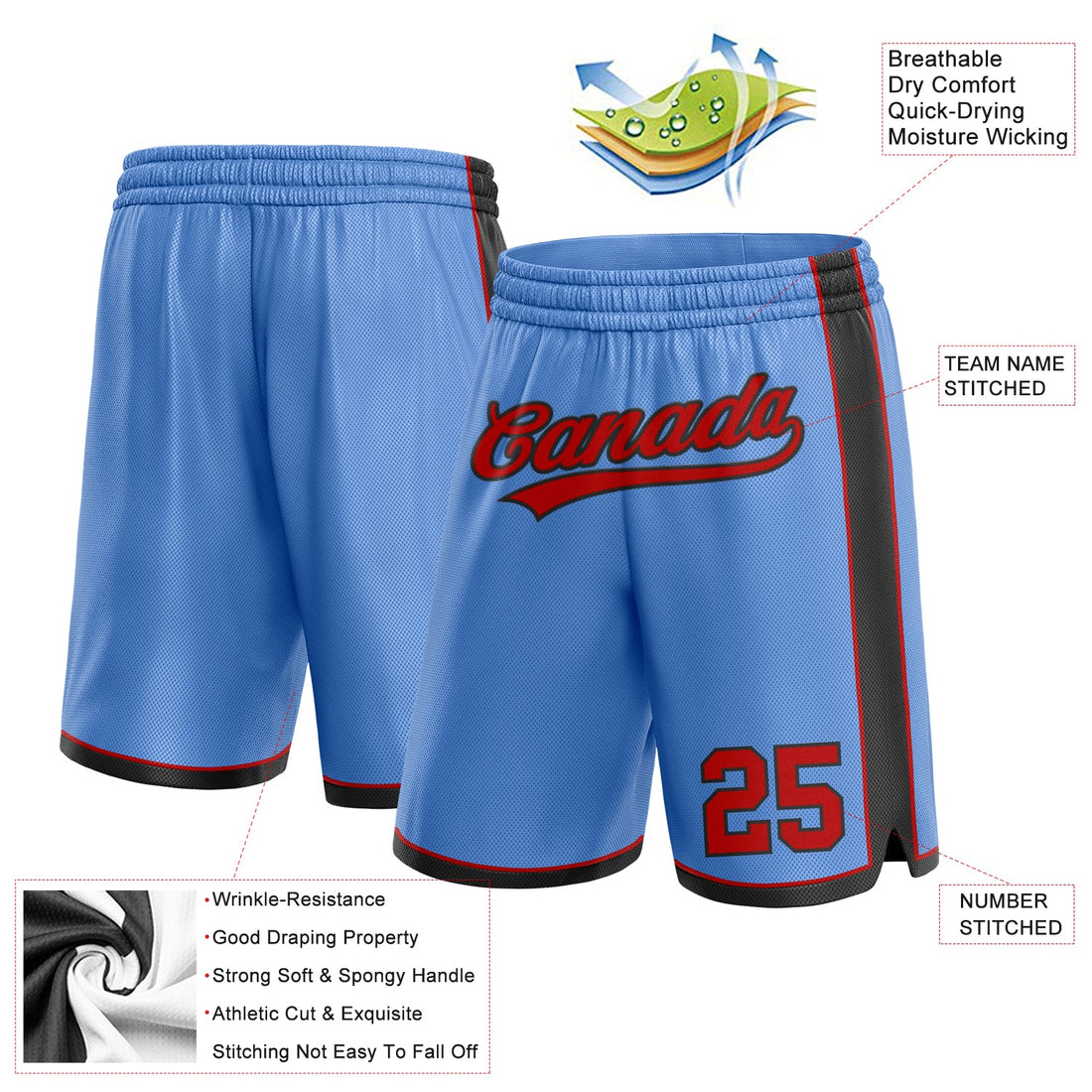 Custom Light Blue Red-Black Authentic Basketball Shorts