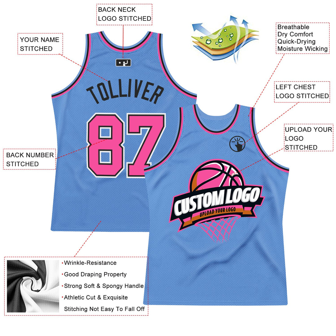 Custom Light Blue Pink-Black Authentic Throwback Basketball Jersey