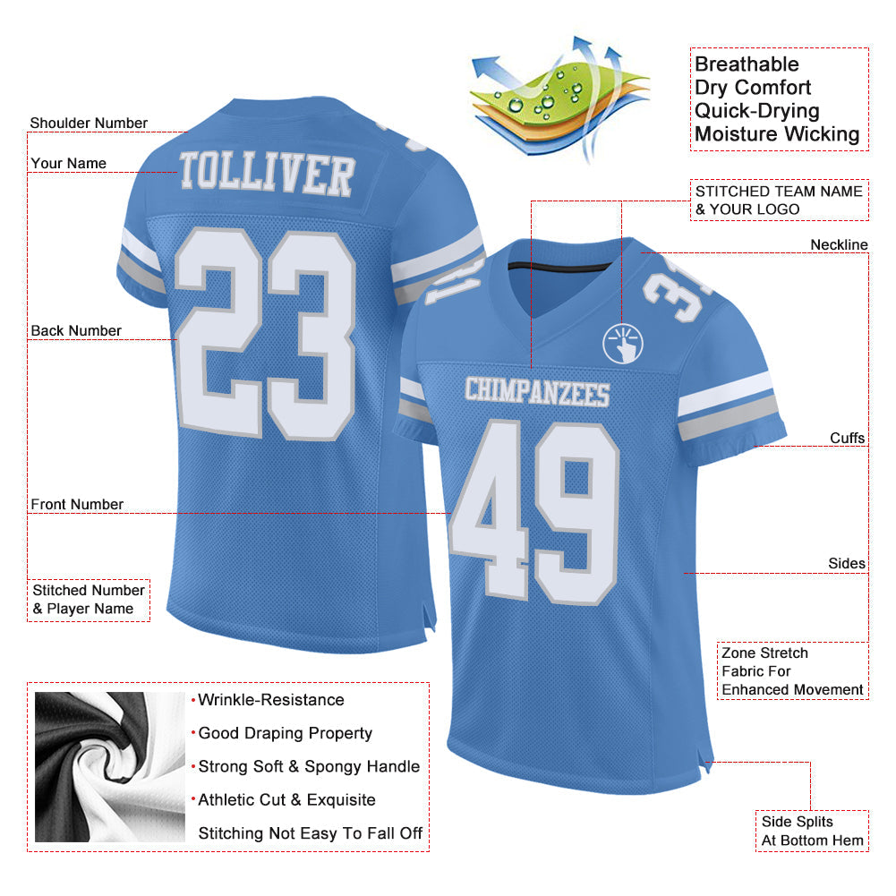 Custom Electric Blue White-Gray Mesh Authentic Football Jersey