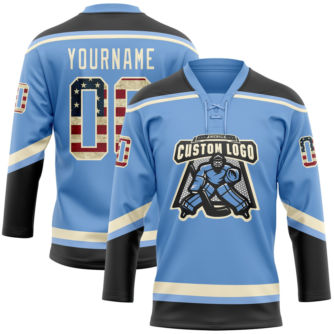 Custom Light Blue Vintage USA Flag Black-Cream Hockey Lace Neck Jersey