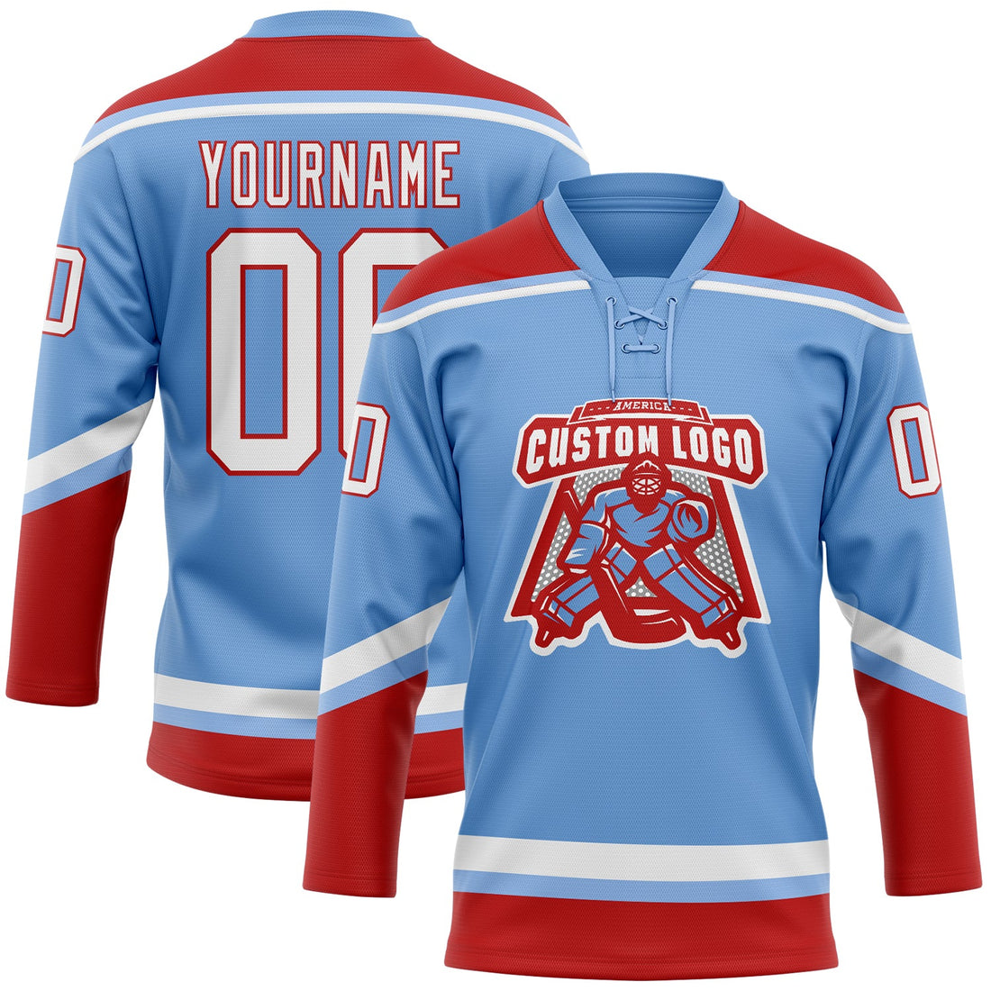 Custom Light Blue White-Red Hockey Lace Neck Jersey