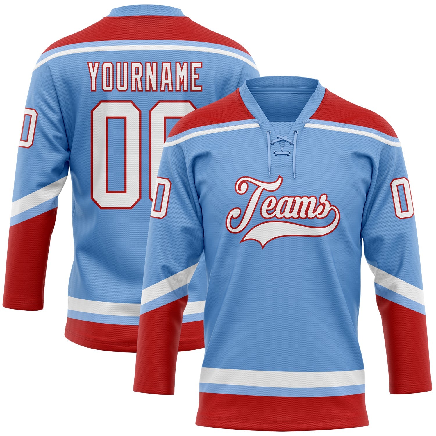 Custom Light Blue White-Red Hockey Lace Neck Jersey