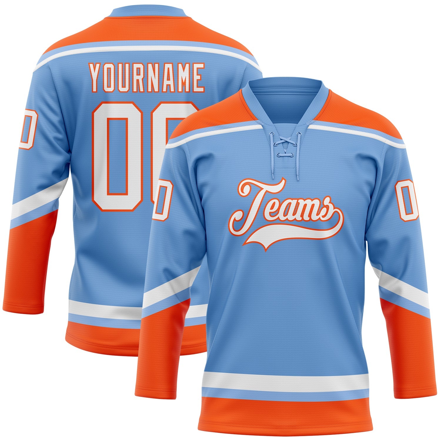 Custom Light Blue White-Orange Hockey Lace Neck Jersey