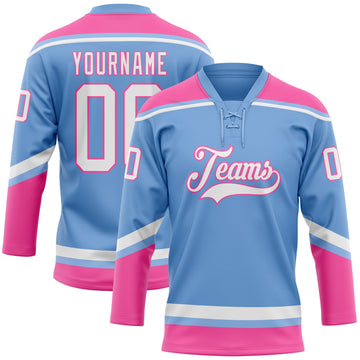 Custom Light Blue White-Pink Hockey Lace Neck Jersey