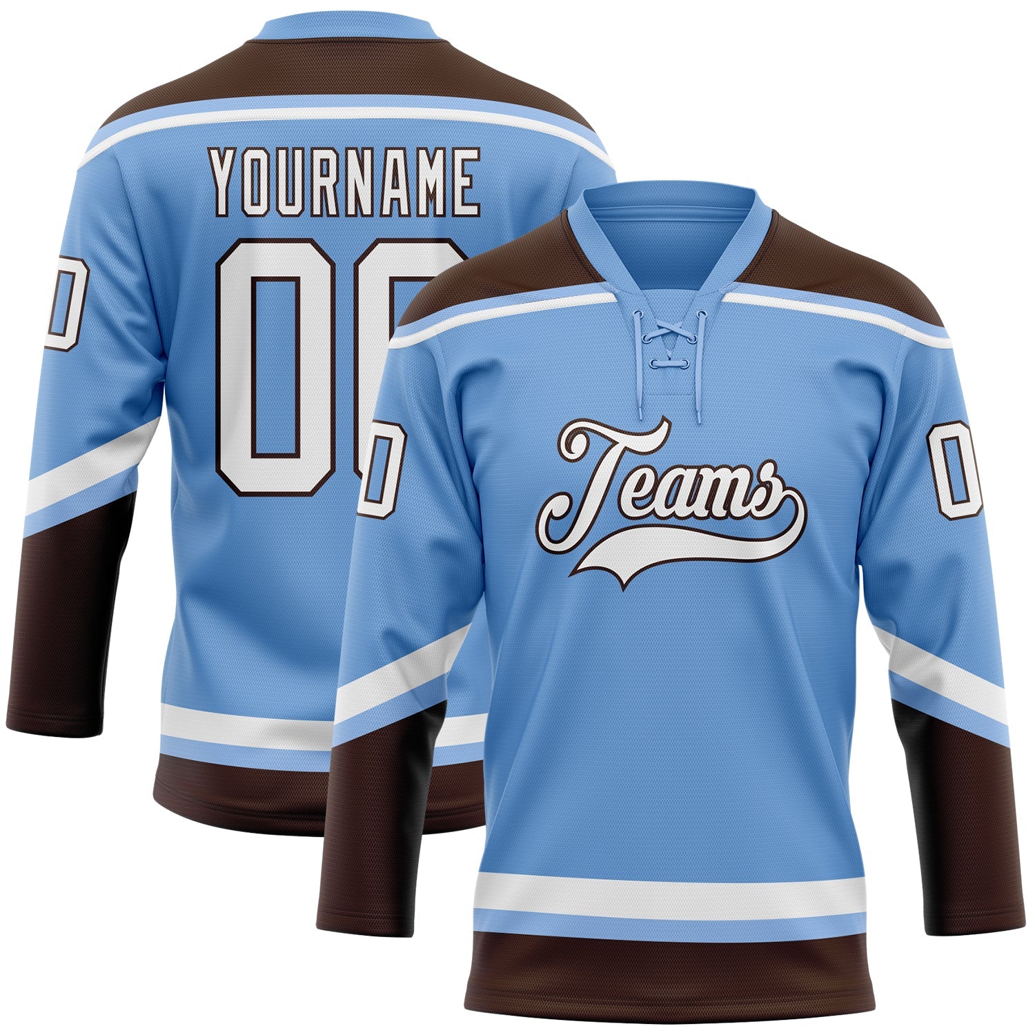 Custom Light Blue White-Brown Hockey Lace Neck Jersey