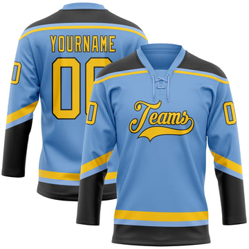 Custom Light Blue Yellow-Black Hockey Lace Neck Jersey