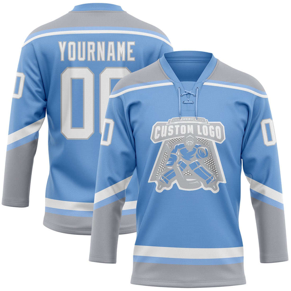 Custom Light Blue White-Gray Hockey Lace Neck Jersey