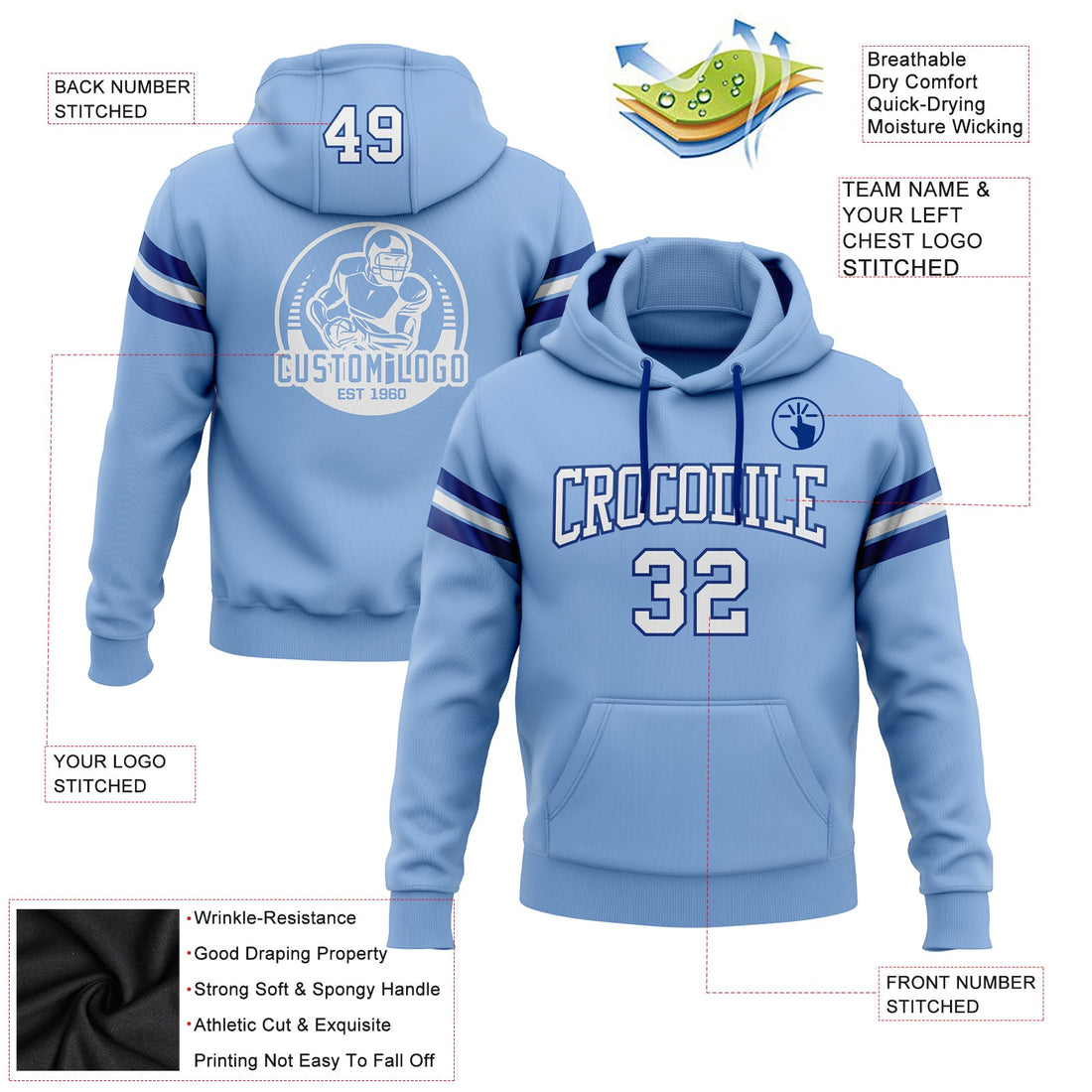 Custom Stitched Light Blue White-Royal Football Pullover Sweatshirt Hoodie