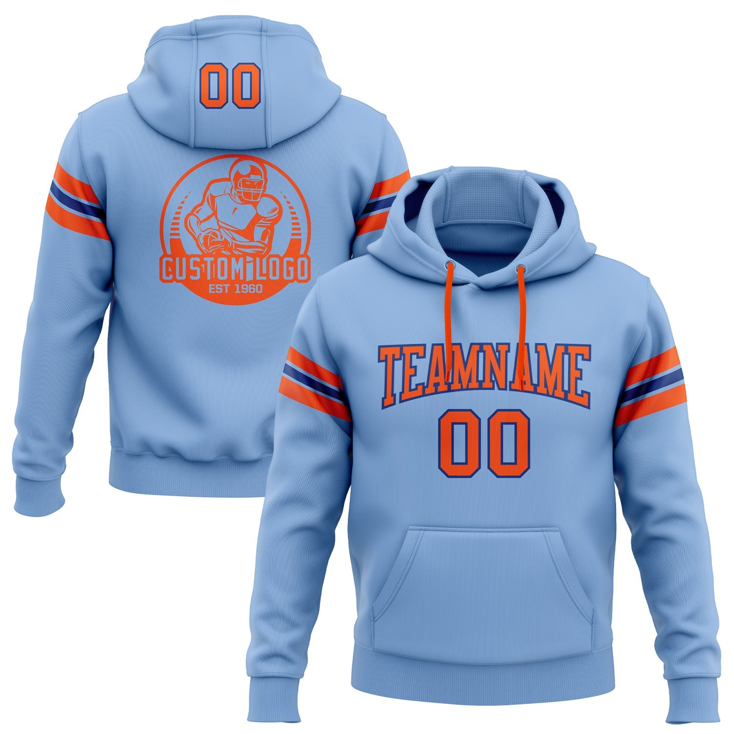 Custom Stitched Light Blue Orange-Royal Football Pullover Sweatshirt Hoodie