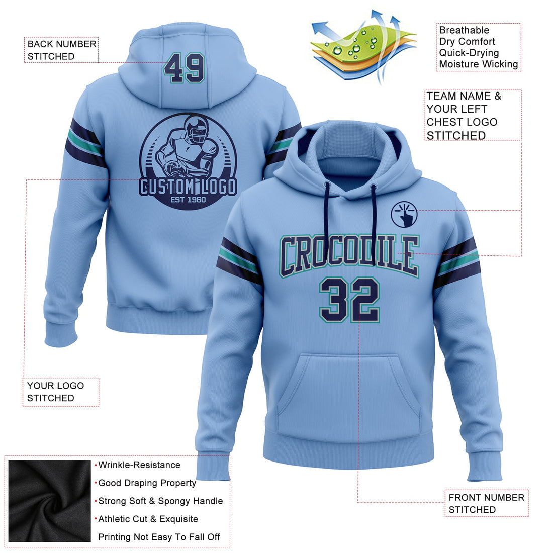 Custom Stitched Light Blue Navy Gray-Teal Football Pullover Sweatshirt Hoodie