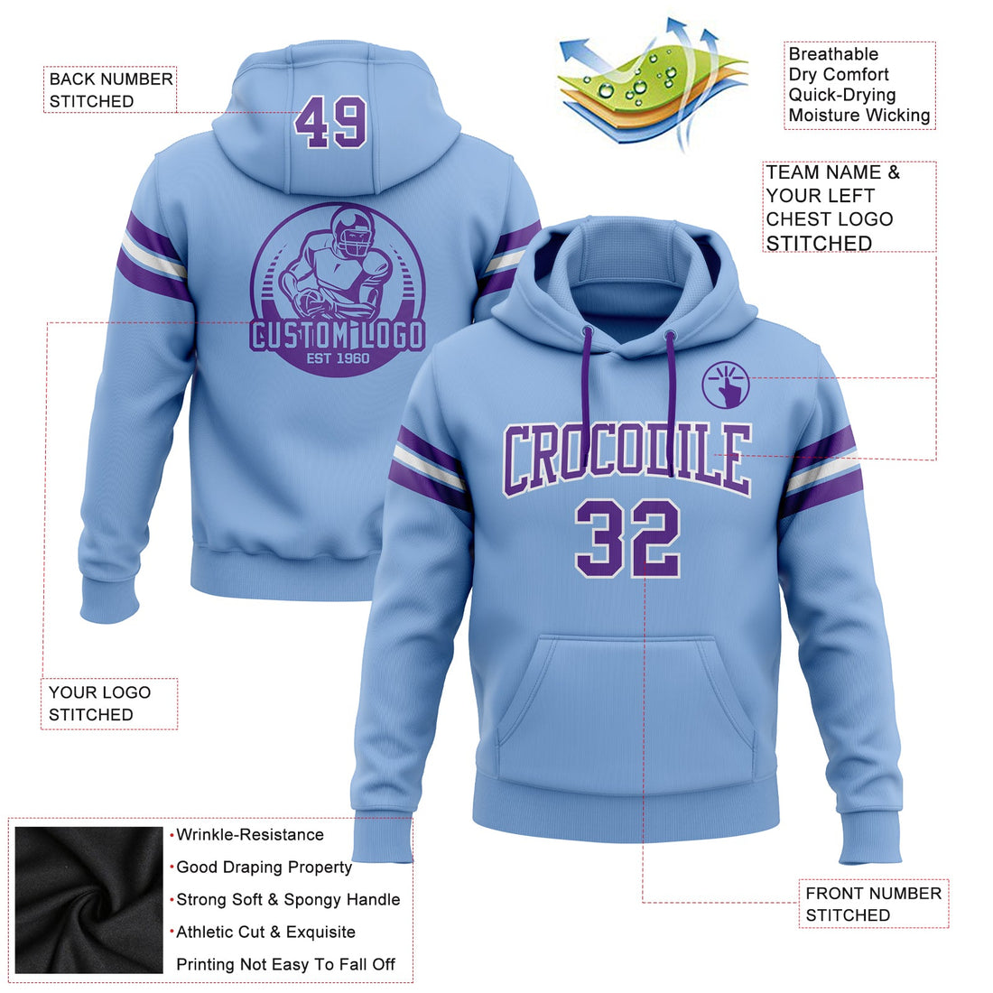 Custom Stitched Light Blue Purple-White Football Pullover Sweatshirt Hoodie