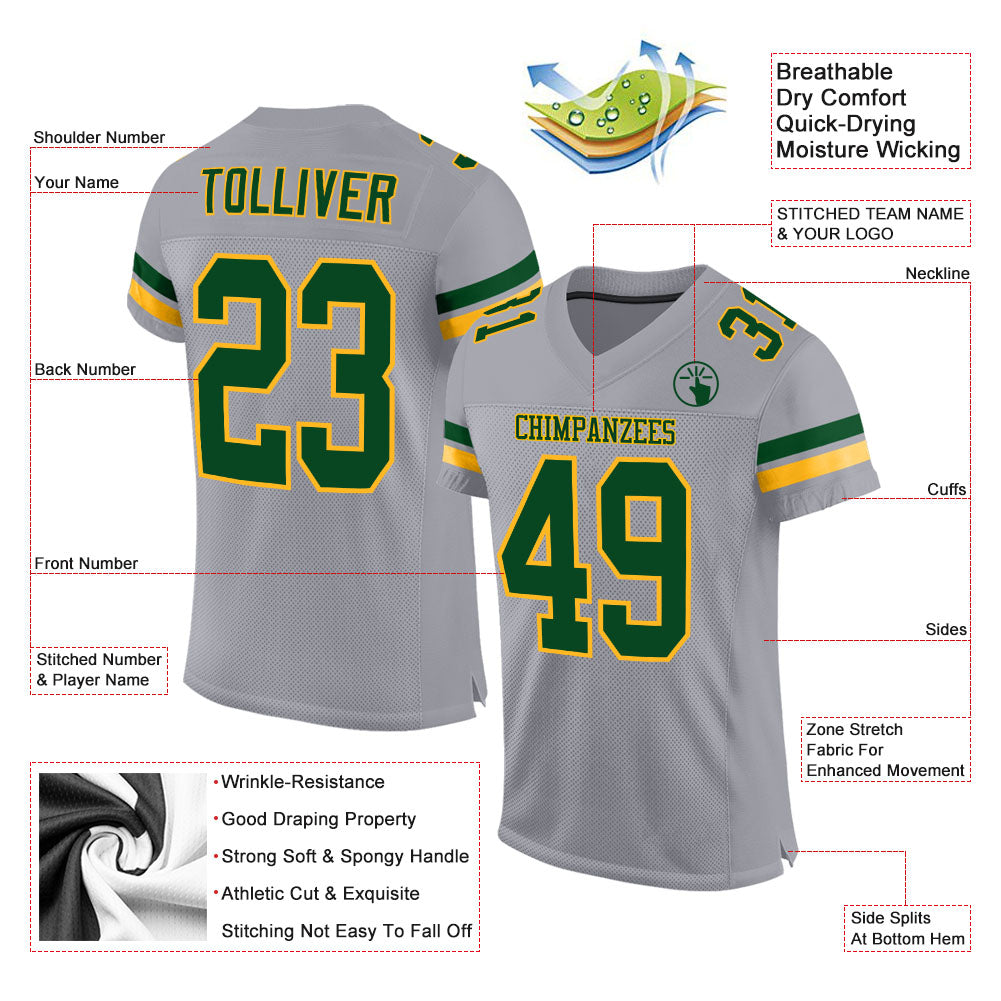 Custom Light Gray Green-Gold Mesh Authentic Football Jersey