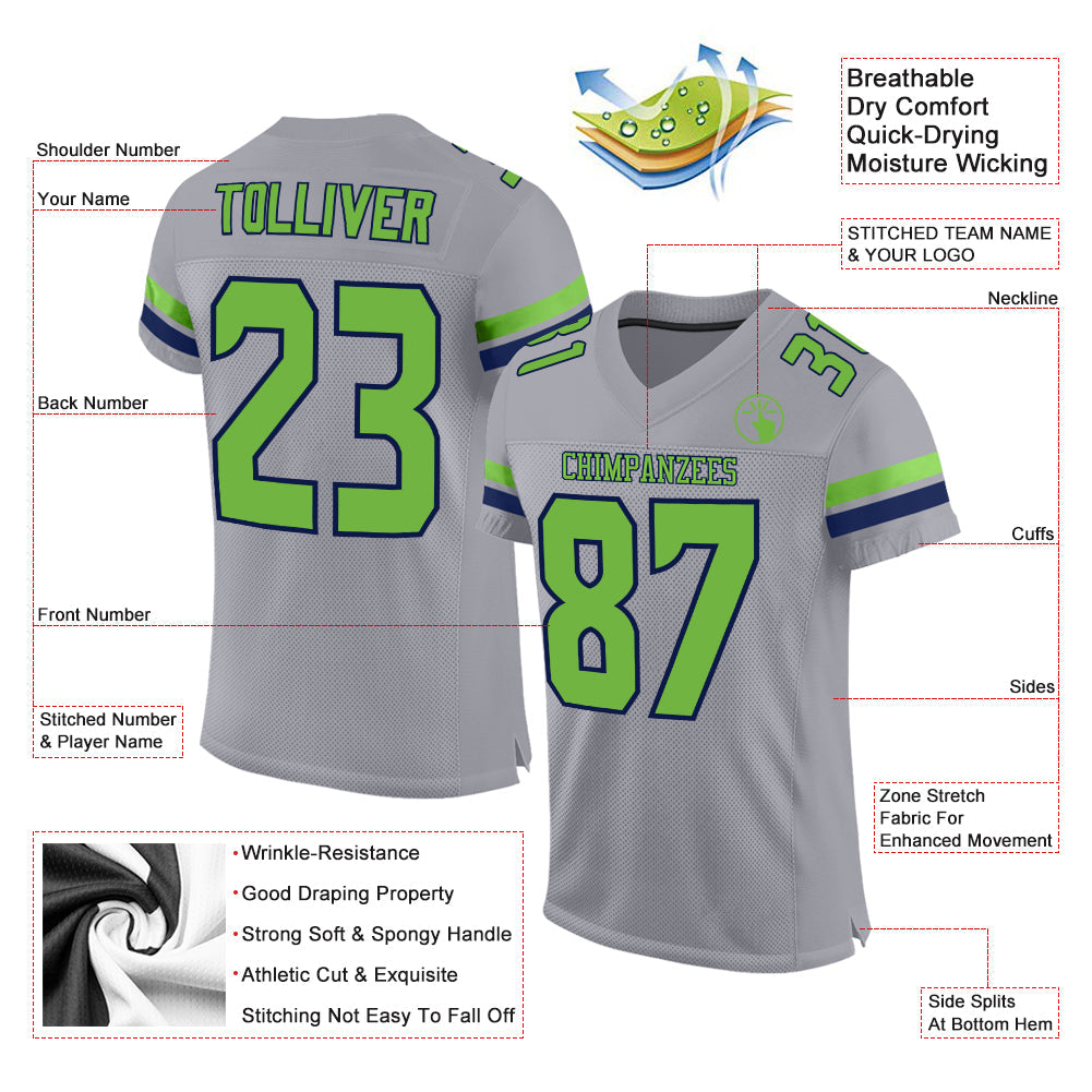 Custom Light Gray Neon Green-Navy Mesh Authentic Football Jersey