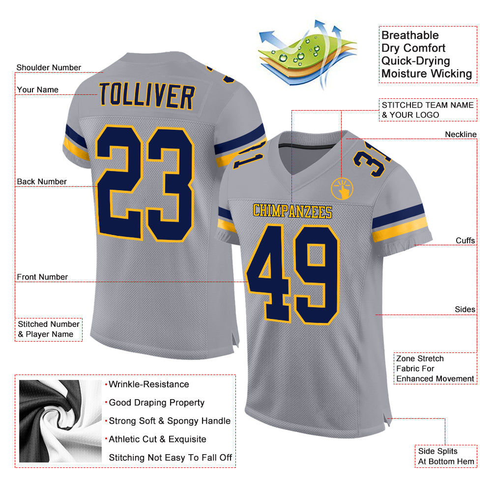 Custom Light Gray Navy-Gold Mesh Authentic Football Jersey