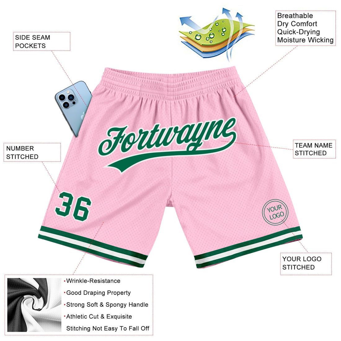 Custom Light Pink Kelly Green-White Authentic Throwback Basketball Shorts